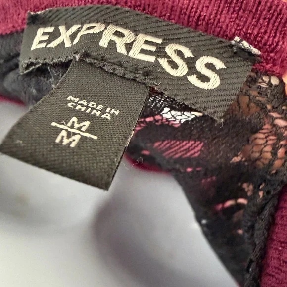 Express 3/4 length sleeves Burgundy Top with Black Lace Detail - Picture 6 of 6